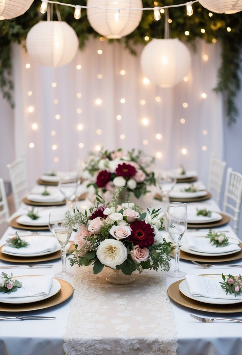 A table adorned with floral centerpieces, delicate lace table runners, and elegant place settings. A backdrop of twinkling lights and hanging paper lanterns completes the romantic atmosphere