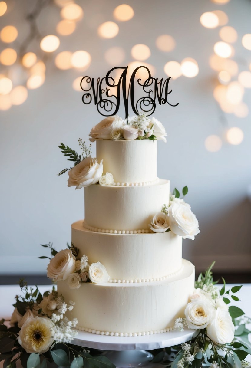 A tiered wedding cake with a monogrammed topper in elegant script, surrounded by delicate floral decorations