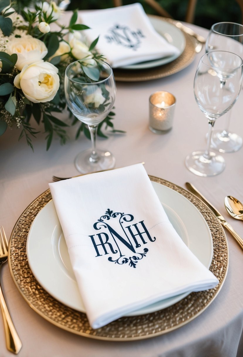 A table setting with personalized monogram napkins, featuring elegant wedding monogram designs in a romantic and celebratory setting