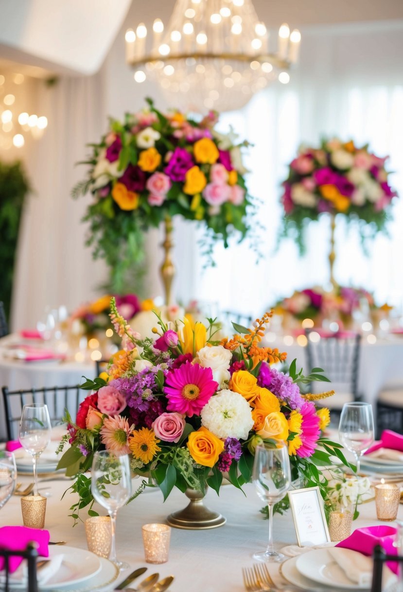 A table adorned with vibrant floral centerpieces featuring seasonal blooms, creating a beautiful and elegant atmosphere for a wedding shower celebration