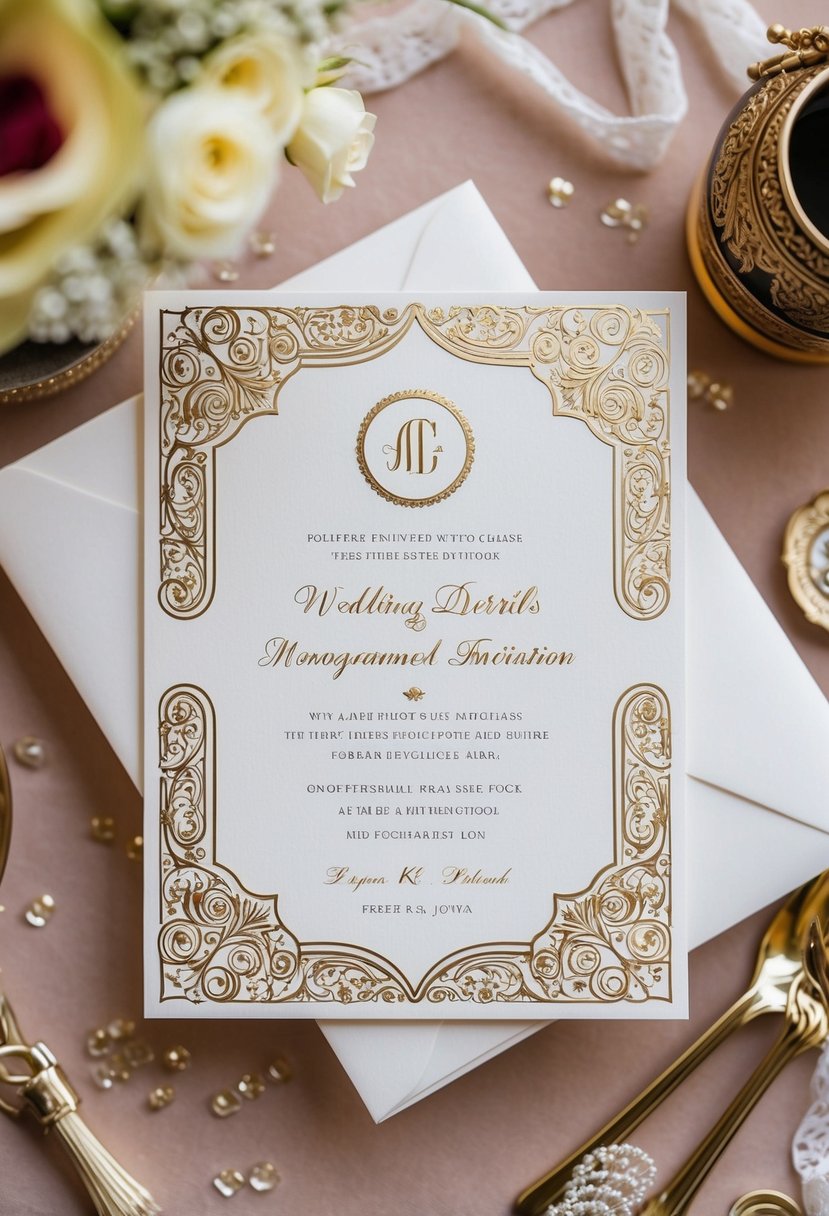 A beautifully designed monogrammed wedding invitation with elegant details and intricate patterns