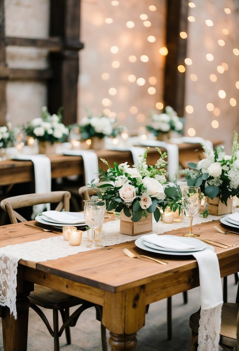 A rustic wooden table adorned with wedding shower decorations