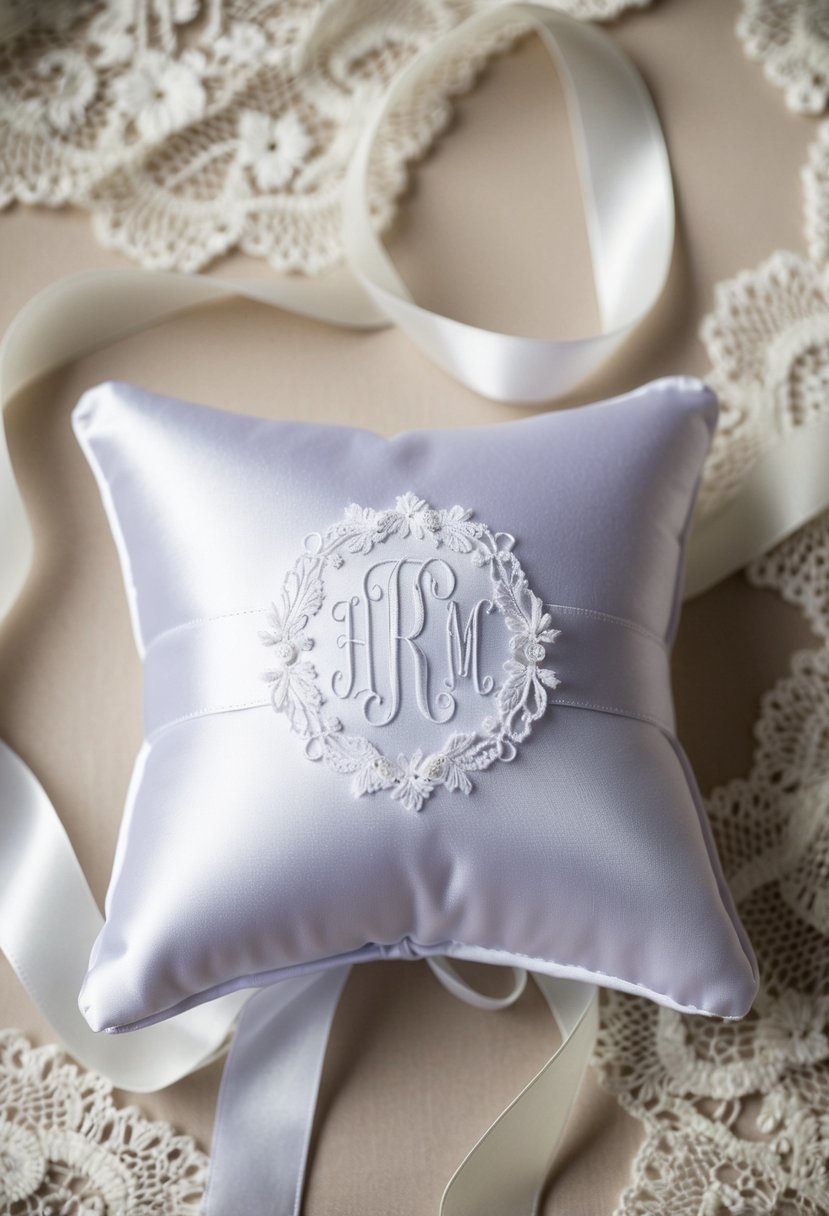 A white satin ring pillow with a monogram embroidered in the center, surrounded by delicate lace and satin ribbons