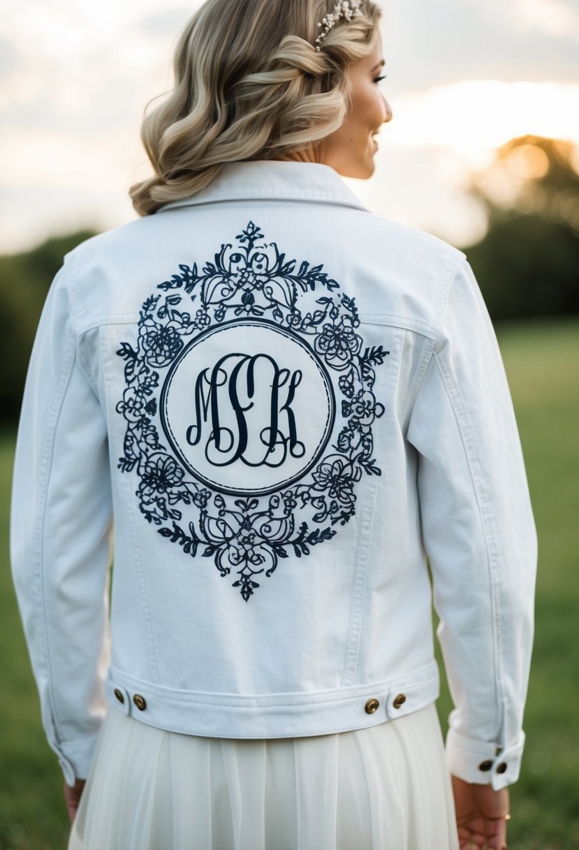 A white denim jacket adorned with intricate monogram designs and delicate floral patterns, personalized for a wedding celebration