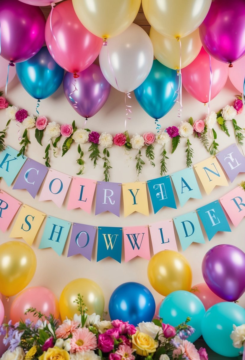 Colorful name banners hang above a festive wedding shower, surrounded by flowers, balloons, and ribbons