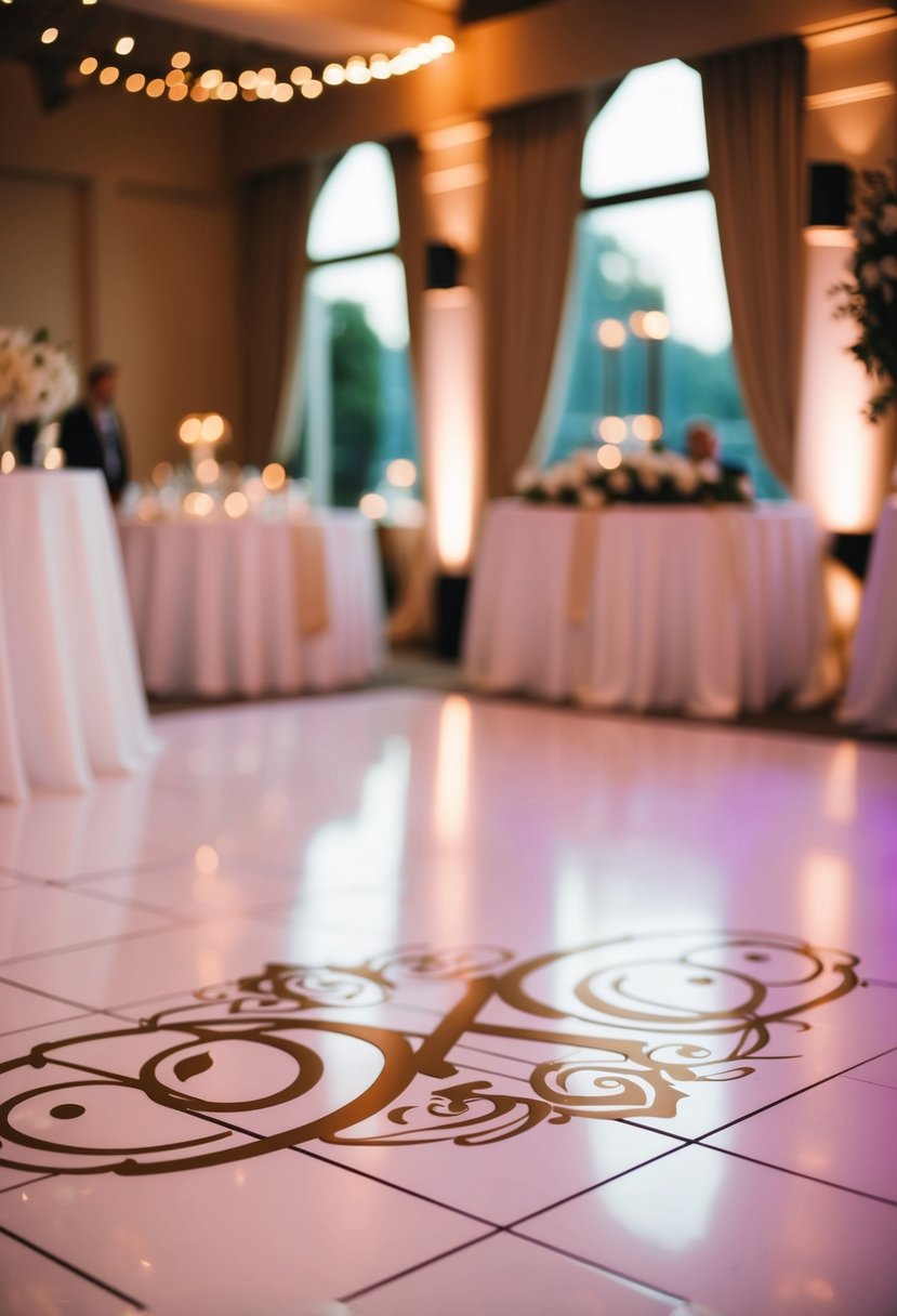 A wedding dance floor adorned with elegant monogram decals