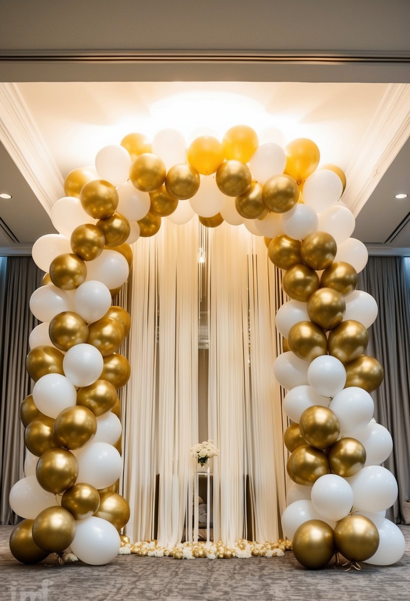 A grand arch of gold and white balloons cascades down from the ceiling, creating an elegant and festive atmosphere for a wedding shower celebration