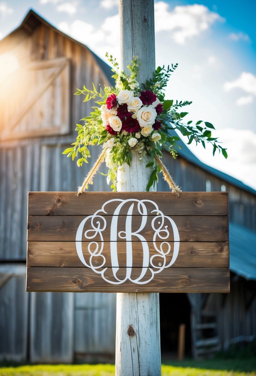 A rustic wooden sign with elegant monogram design hangs from a floral-adorned post in front of a vintage barn