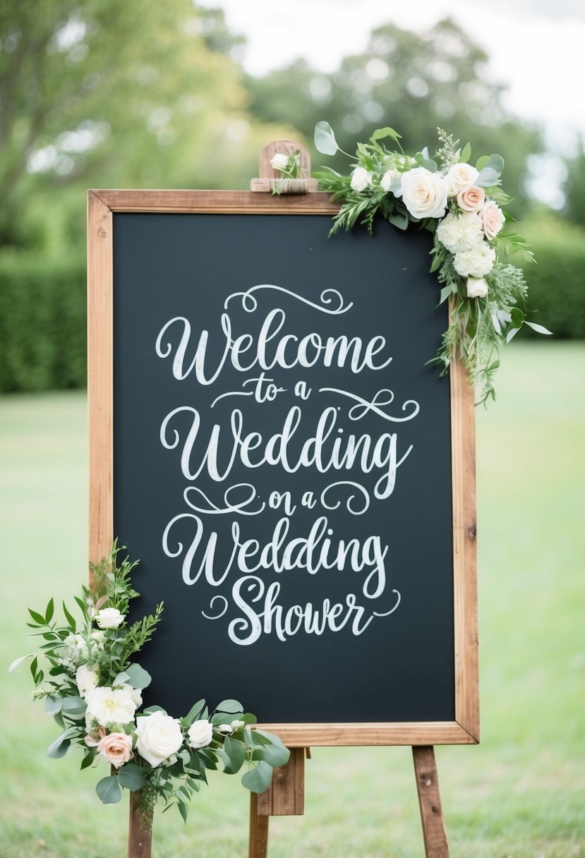 A chalkboard with elegant lettering hanging on a rustic wooden easel, adorned with flowers and greenery, welcoming guests to a wedding shower