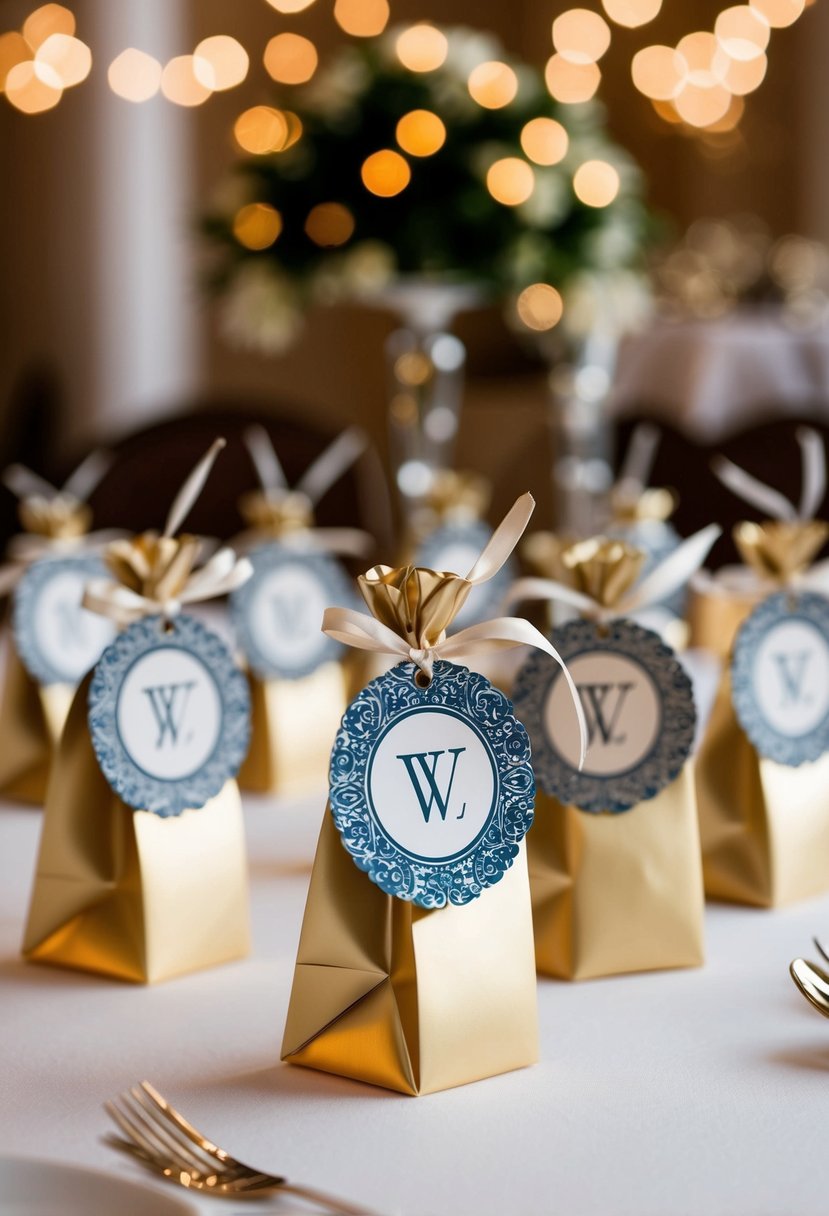 A table adorned with personalized wedding favors, featuring elegant monogram designs and intricate patterns