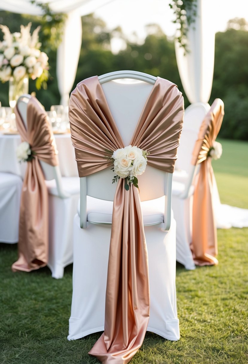 Rose gold chair covers draped over elegant bridal chairs at a wedding shower