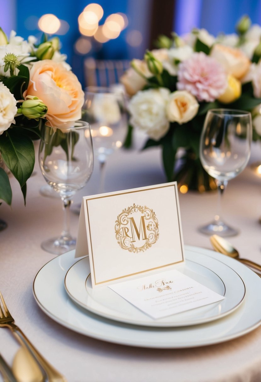 A table set with elegant place cards featuring personalized monograms, surrounded by floral centerpieces at a wedding reception