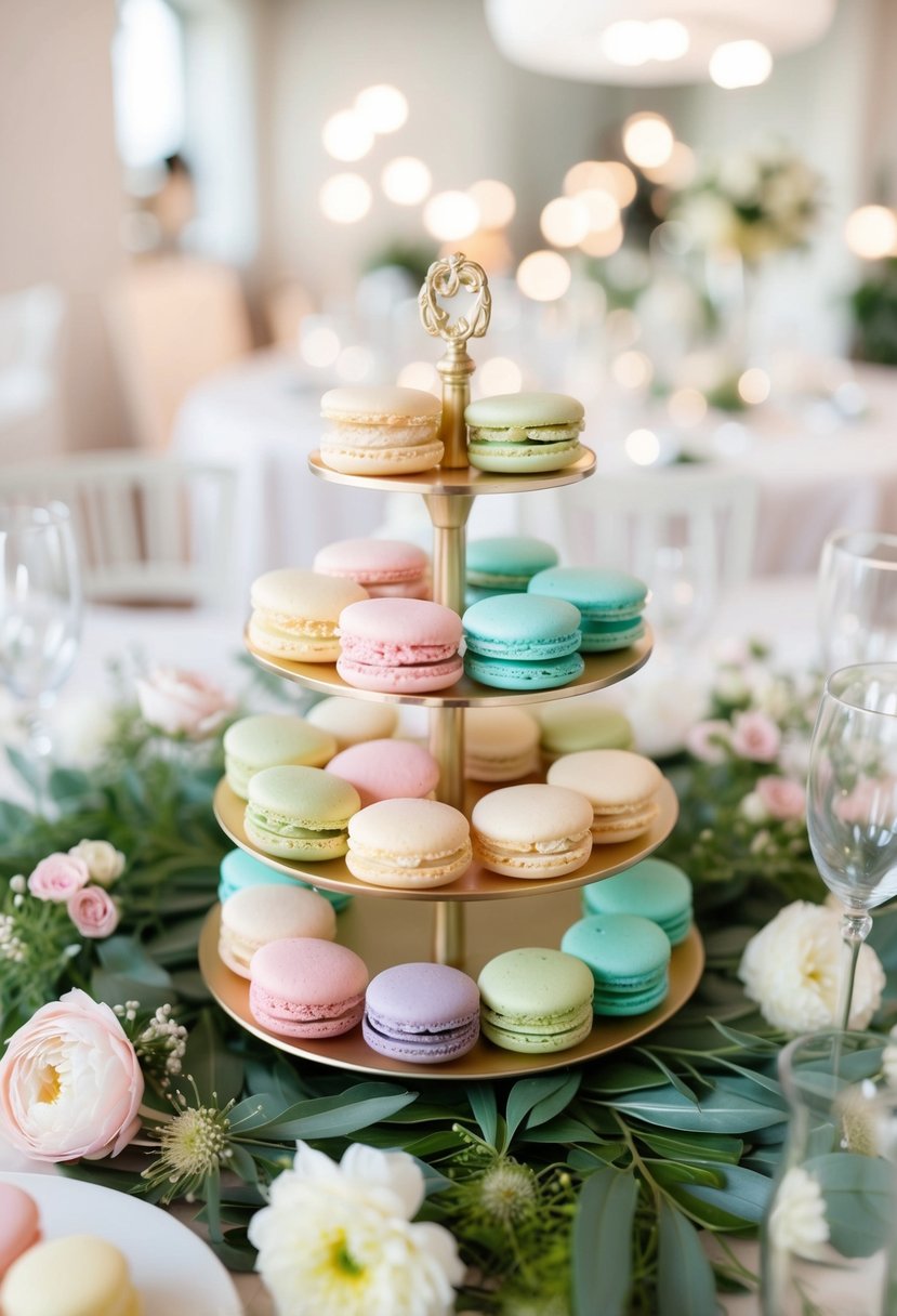 A pastel-colored macaron stand surrounded by delicate flowers and greenery, serving as a charming wedding shower decoration