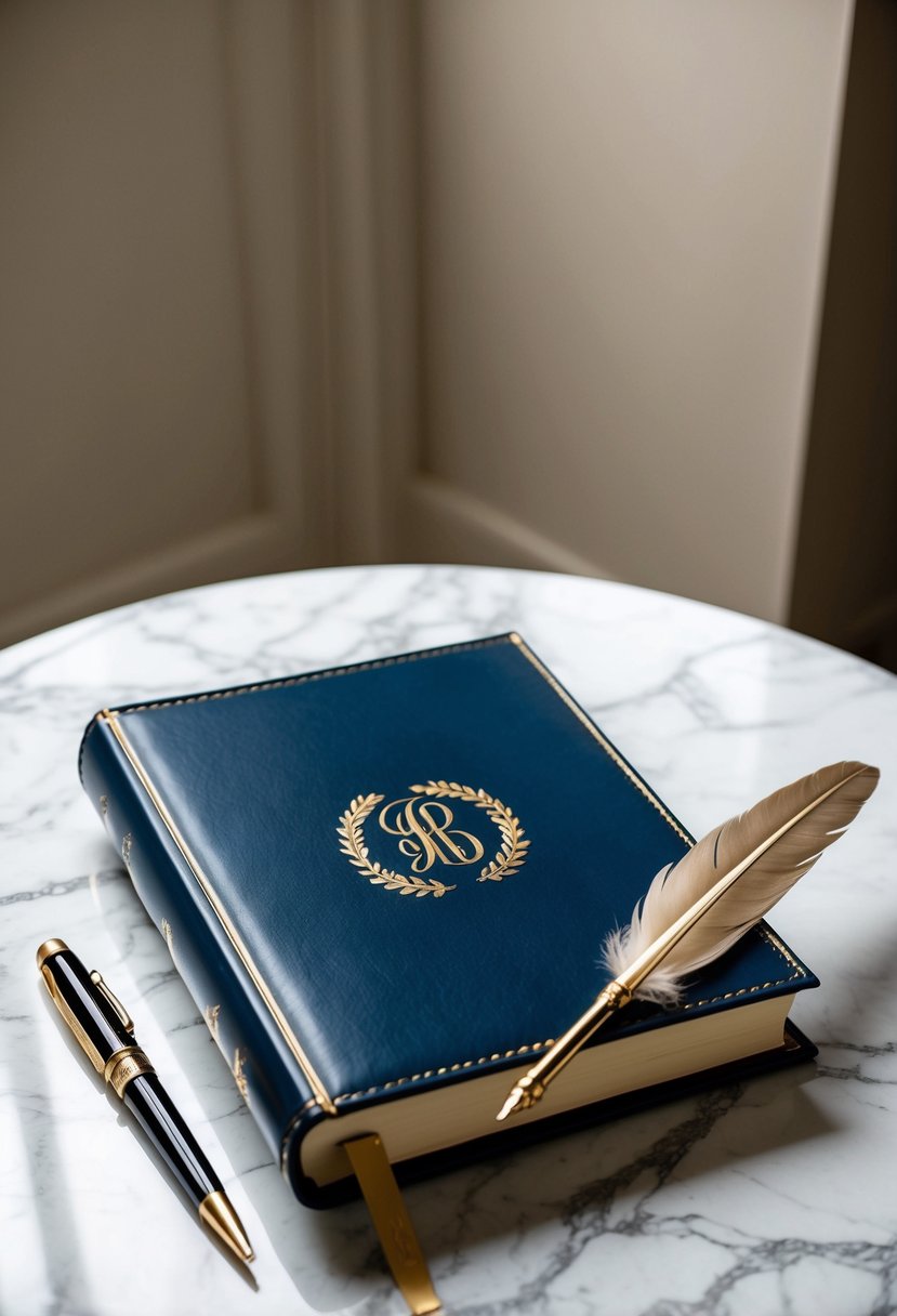 A sleek, leather-bound guest book sits on a marble table, adorned with an elegant monogram in gold foil. A quill pen with a golden nib rests beside it