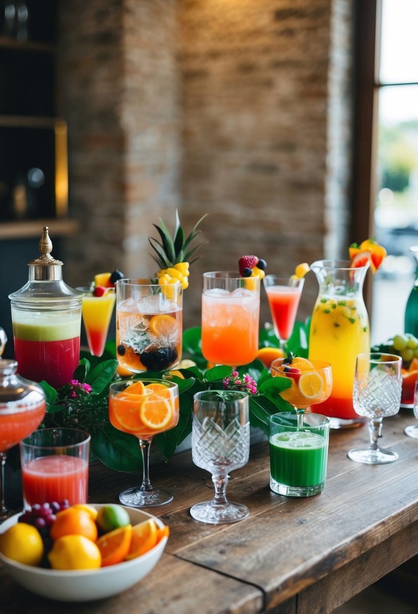 A beautifully decorated cocktail station with a variety of glassware, fresh fruits, and colorful mixers arranged on a rustic wooden table