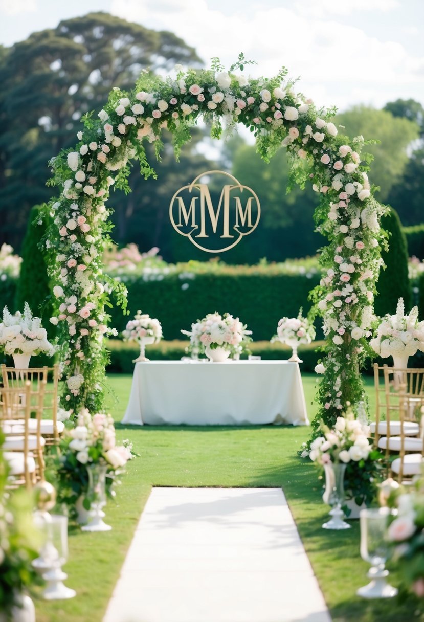 A grand wedding arch adorned with monogrammed initials in a lush garden setting, surrounded by blooming flowers and elegant decor