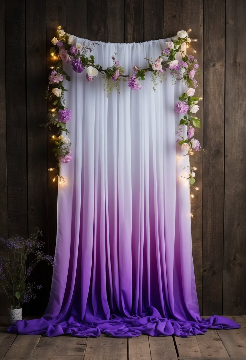 A whimsical purple ombre garland drapes across a rustic wooden backdrop, adorned with delicate flowers and twinkling fairy lights