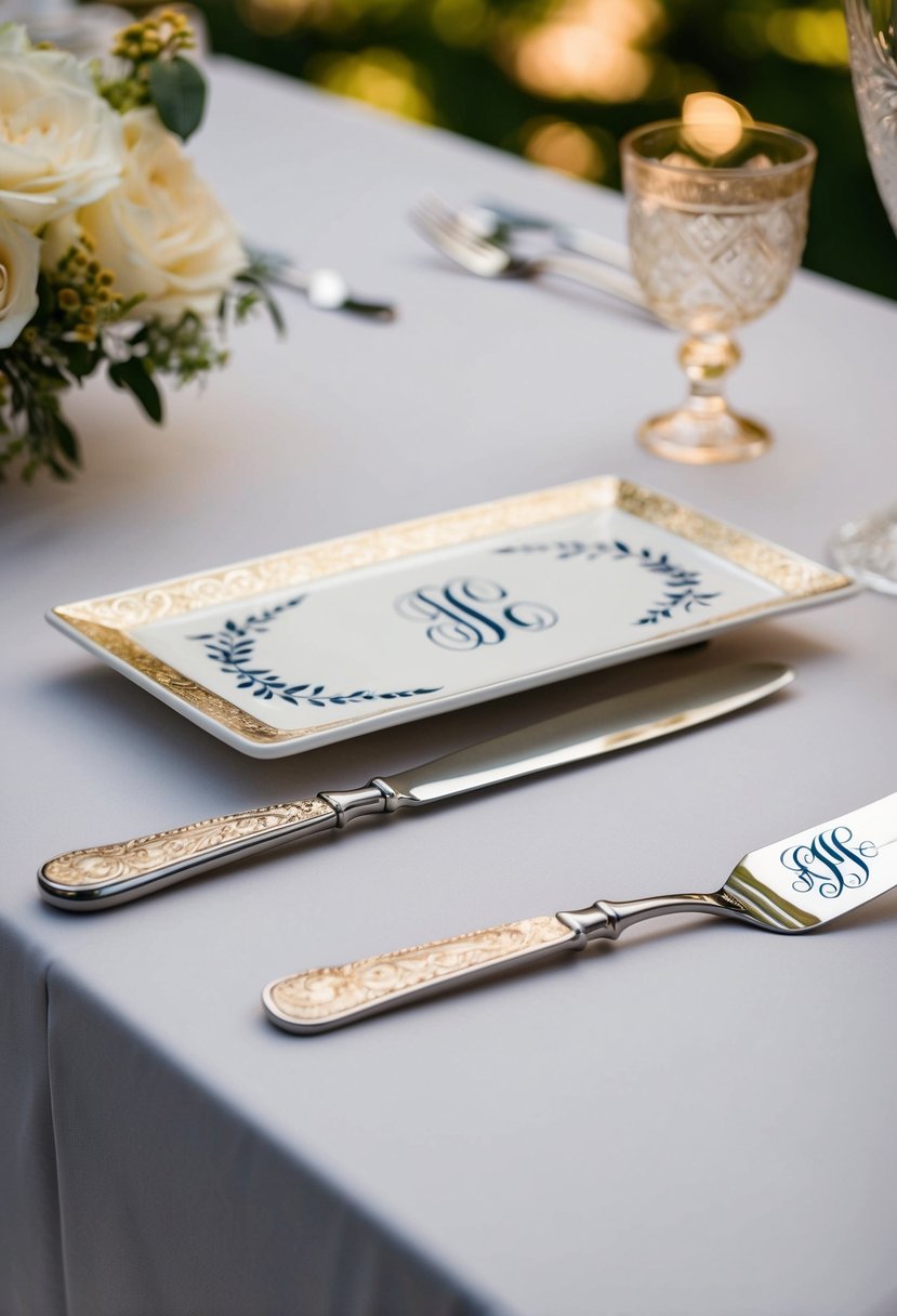 A beautifully decorated cake knife and server set with an elegant monogram design, displayed on a table at a wedding reception