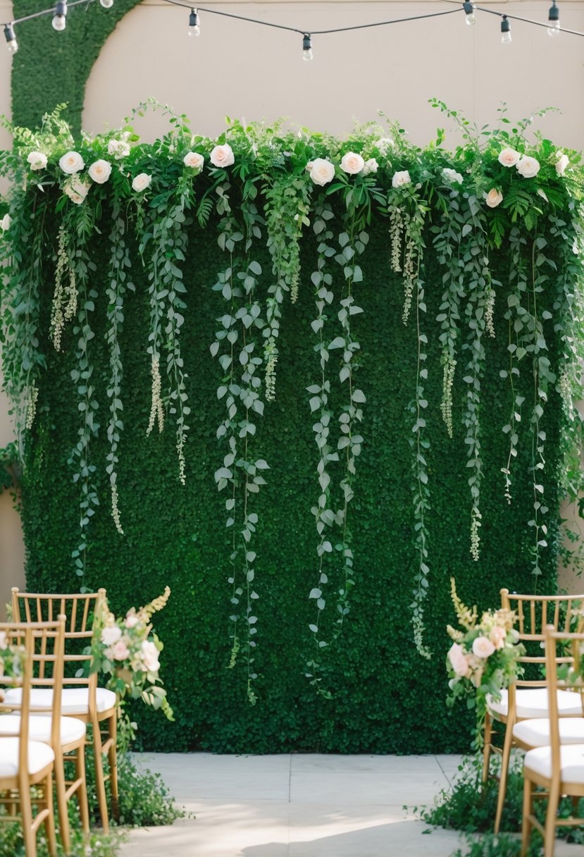 A lush greenery wall serves as a backdrop for a wedding shower, with cascading vines and vibrant foliage creating a natural and elegant atmosphere