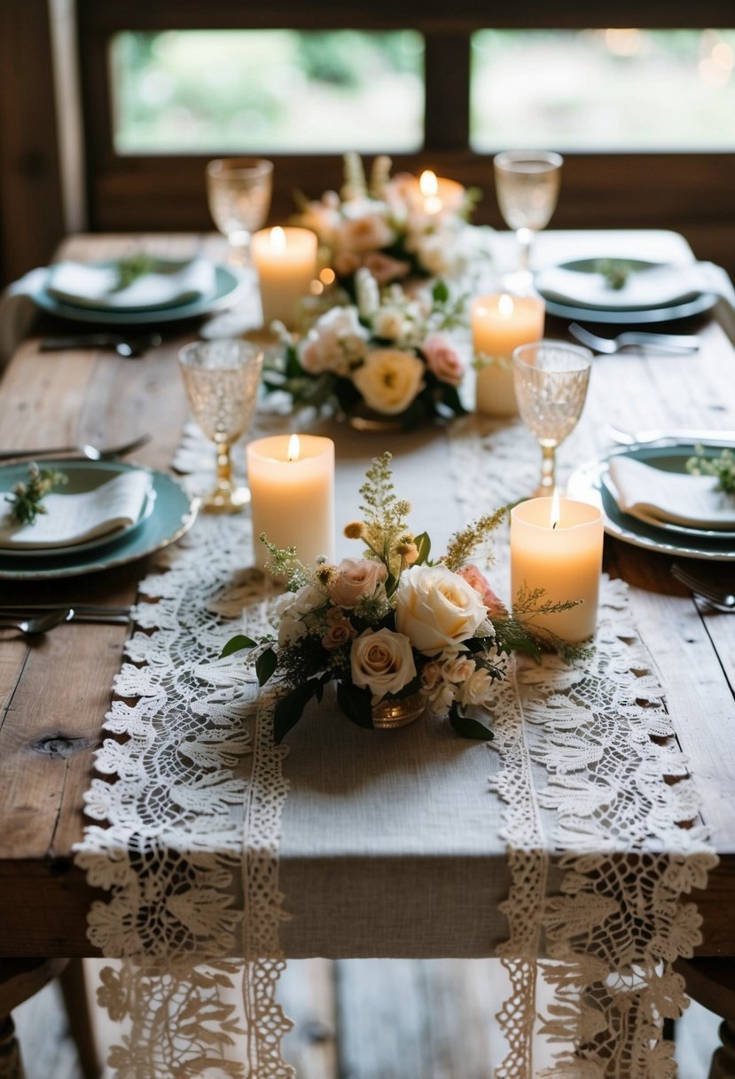 A vintage lace table runner drapes elegantly over a rustic wooden table, adorned with delicate floral centerpieces and flickering candlelight