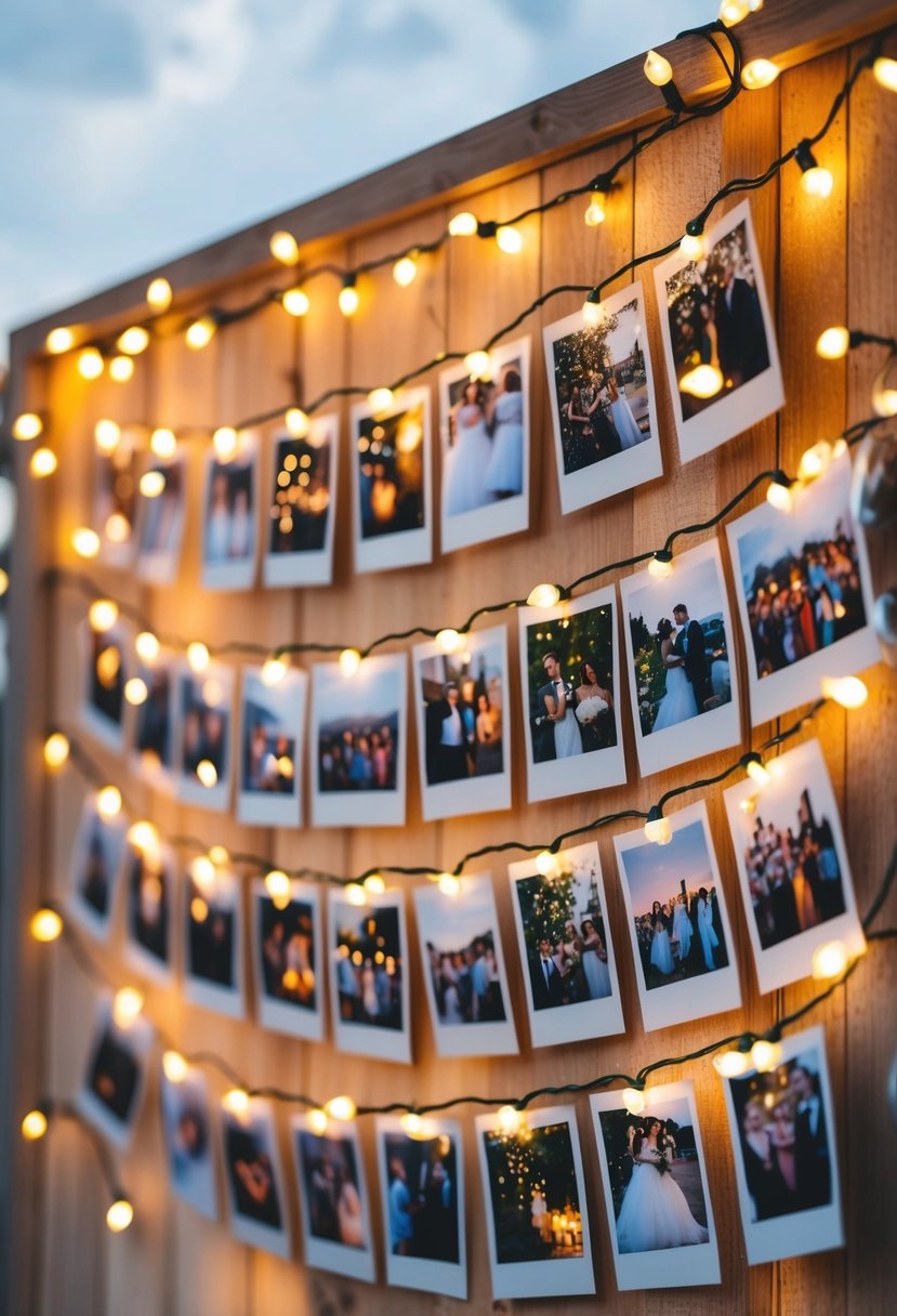 A string of twinkling lights hangs above a display of photos, creating a warm and romantic ambiance for a wedding shower celebration