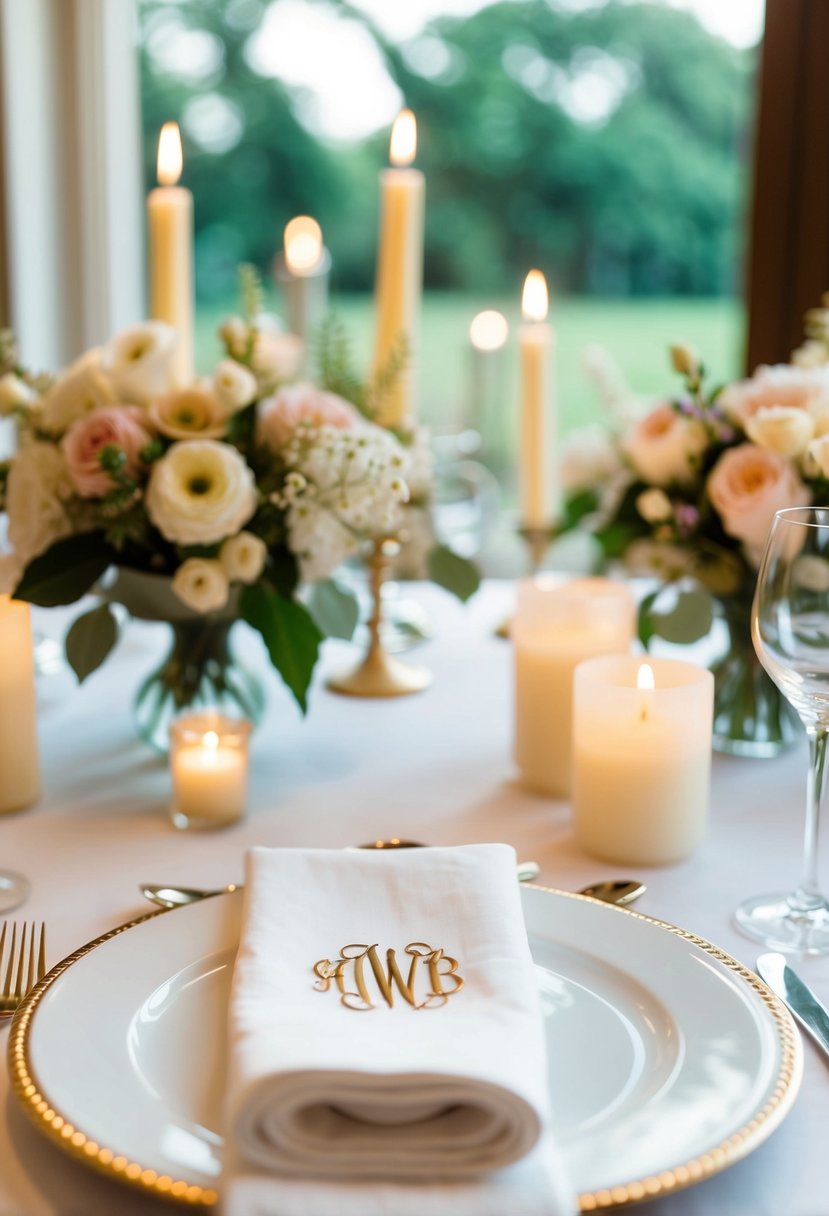 A table set with elegant monogrammed napkin holders for a wedding shower, surrounded by delicate floral centerpieces and soft candlelight