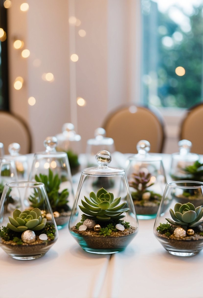 Mini glass terrariums arranged on a table with delicate succulents and small decorative elements for a wedding shower