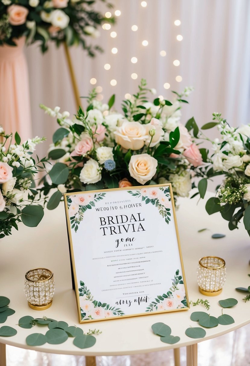 A table with a bridal trivia game, surrounded by floral arrangements and elegant decor for a wedding shower