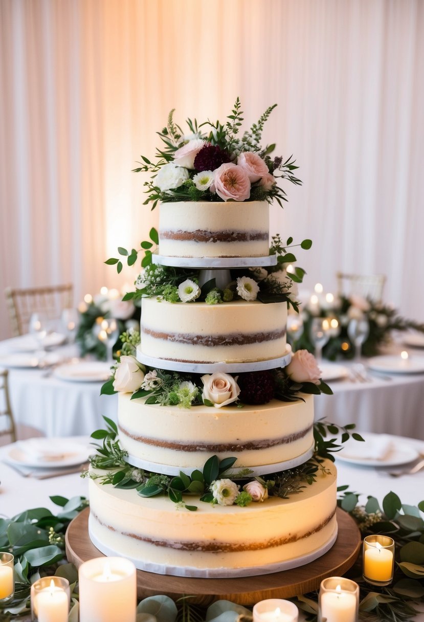 A tiered cake stand adorned with flowers and greenery, set against a backdrop of soft candlelight and elegant table settings