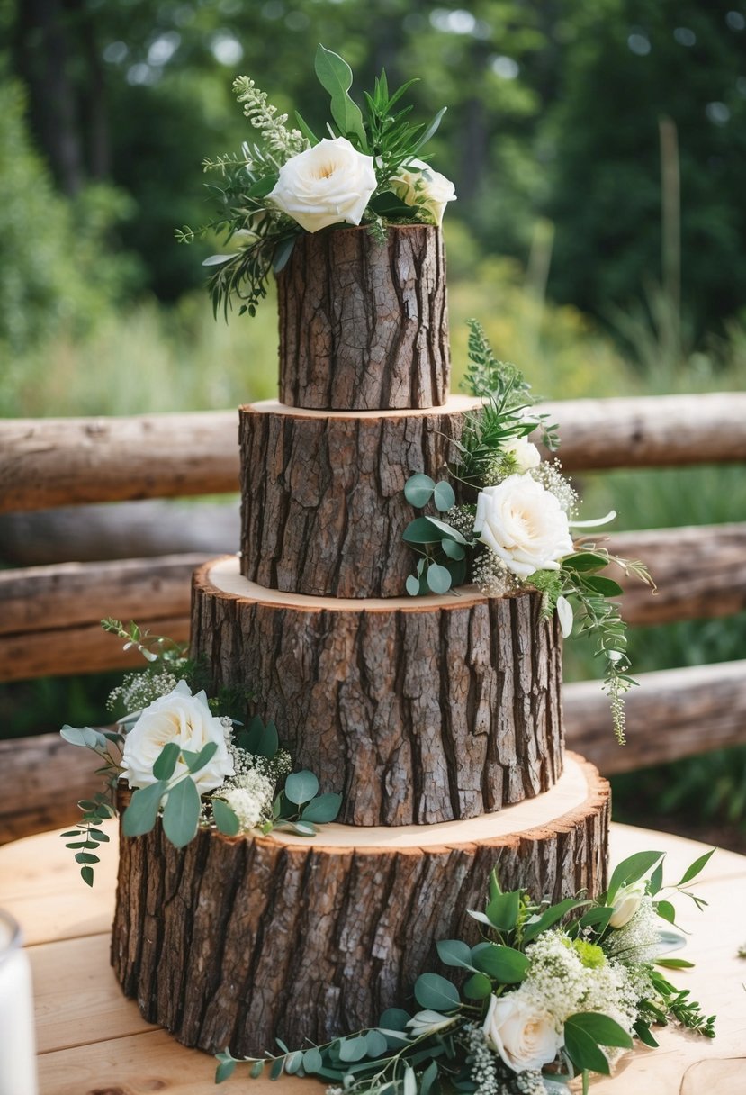 A rustic log slice with three tiers, adorned with greenery and flowers, serves as a unique wedding cake stand