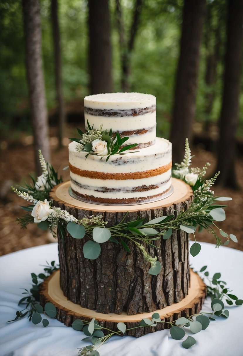 A rustic wedding cake displayed on a raised log slice stand, surrounded by woodland greenery and delicate floral accents