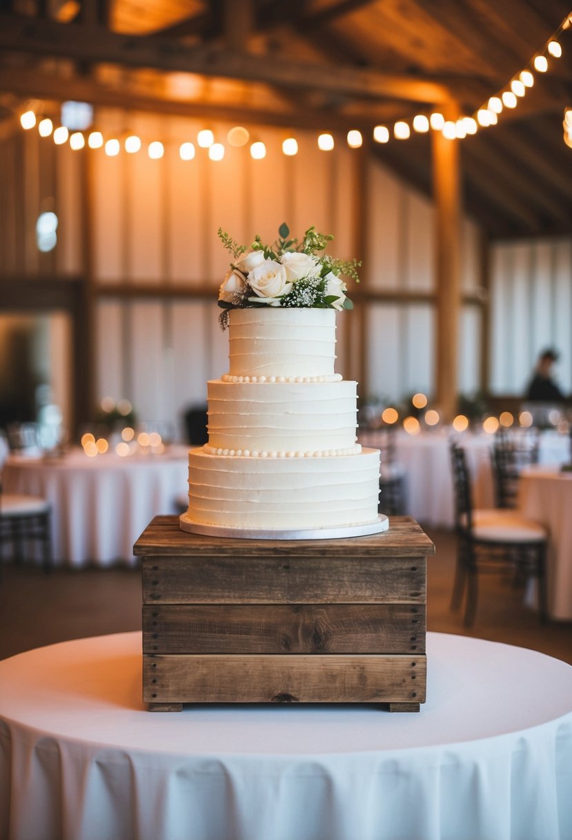 A rustic wooden box stand supports a tiered wedding cake