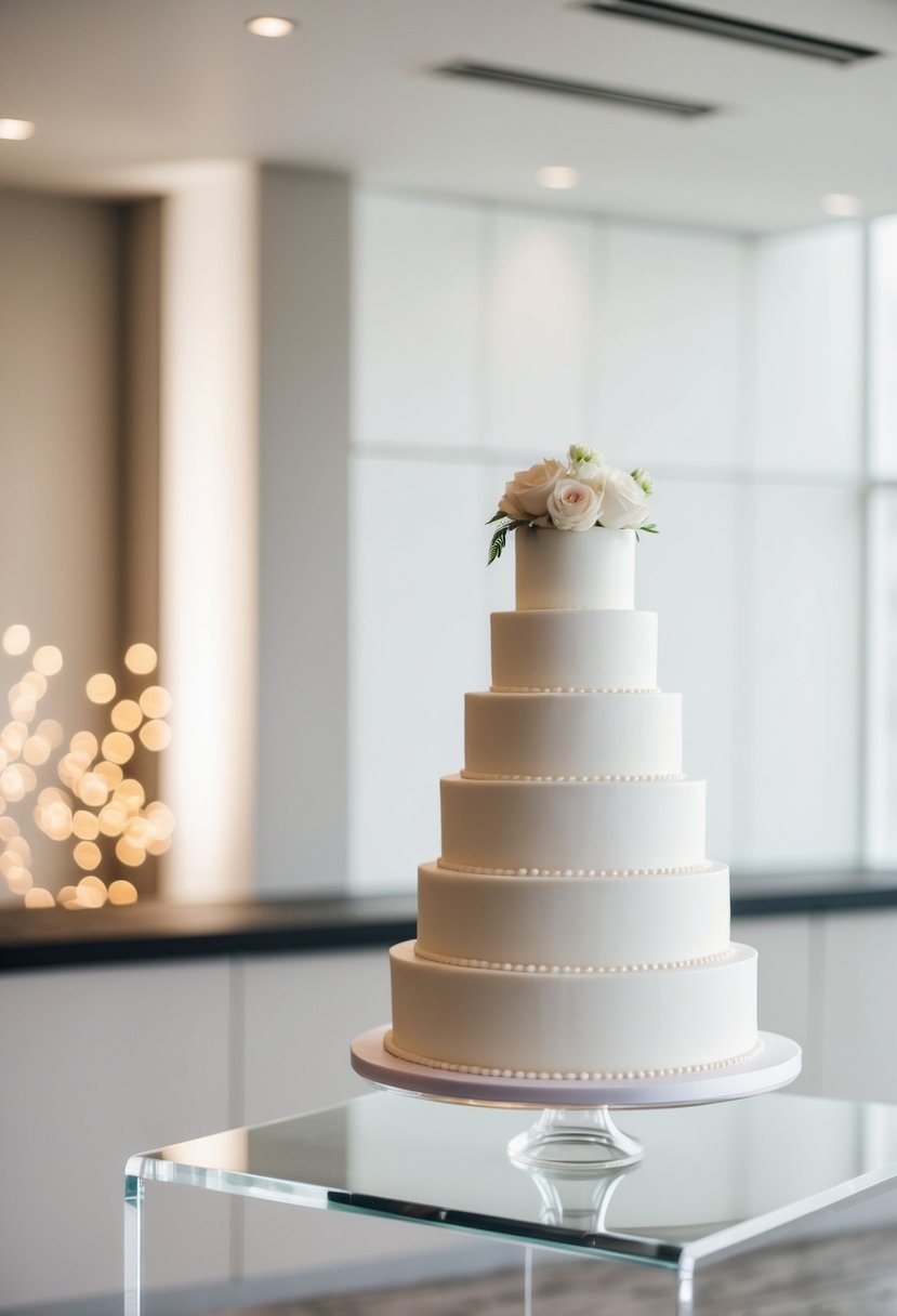 A tiered wedding cake displayed on a sleek modern acrylic stand, with minimalistic design and clean lines