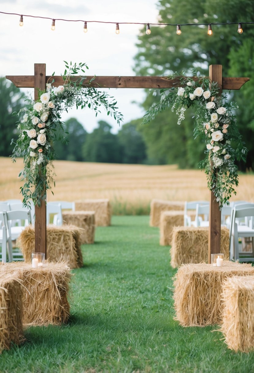 A rustic outdoor wedding with bales of hay, wildflowers, and string lights hanging from a wooden archway