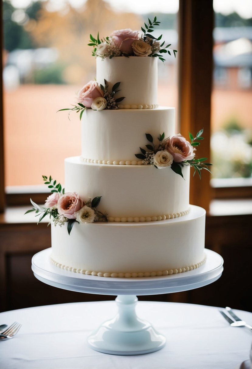 A classic white tiered stand holds a wedding cake with floral decorations