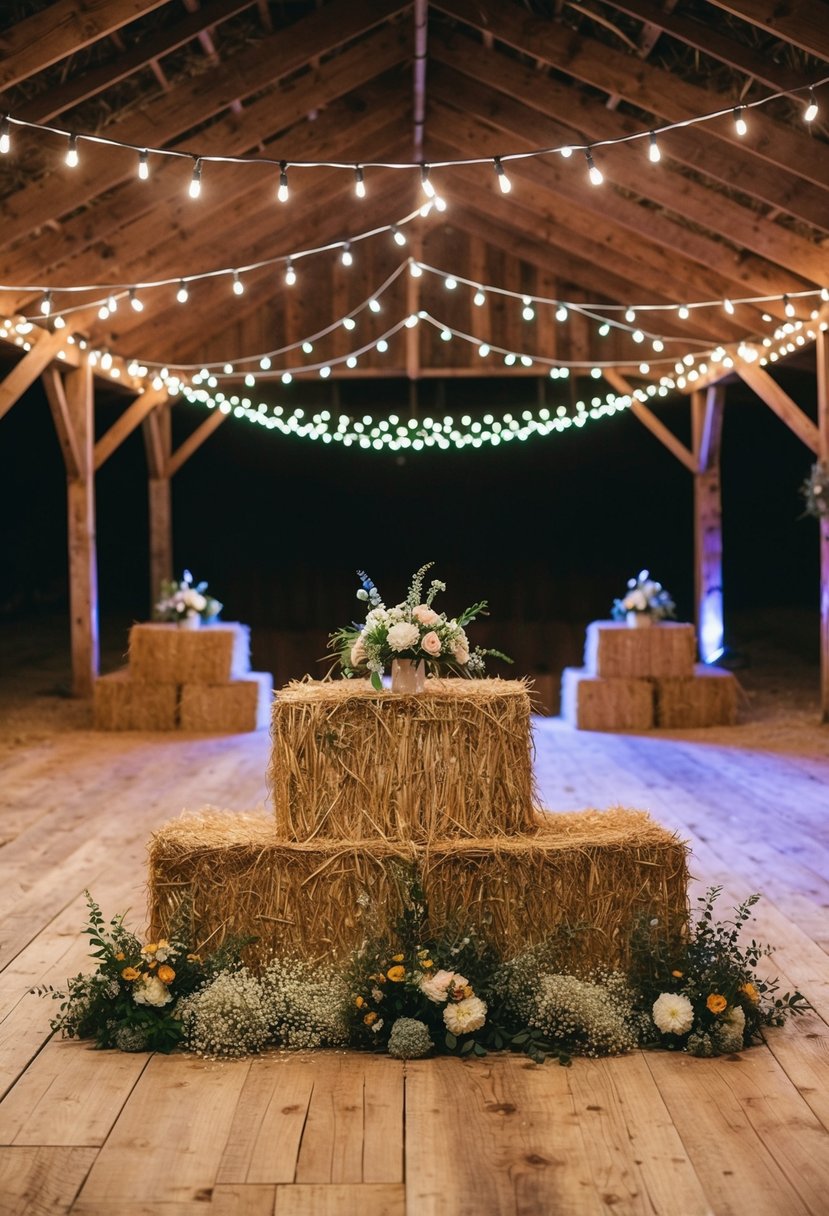 A rustic barnyard dance floor with string lights, hay bales, and wildflowers, set for a country wedding celebration