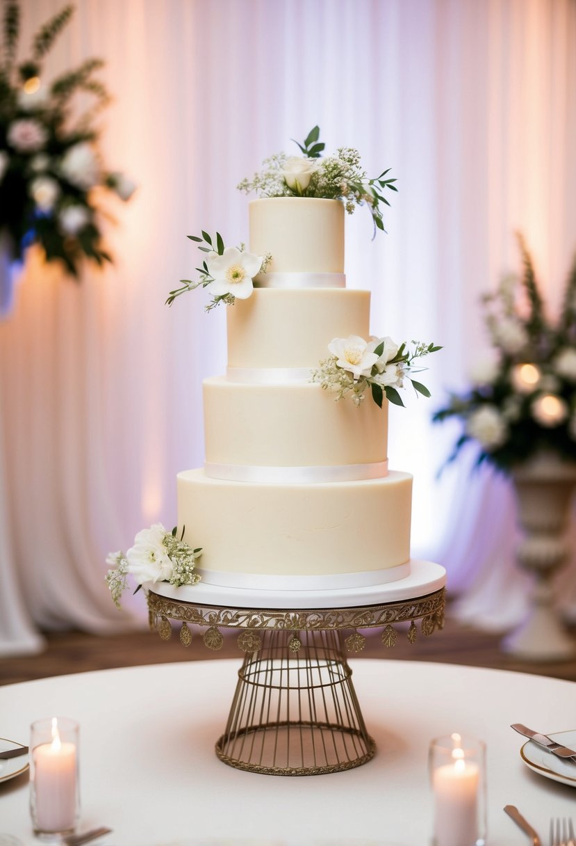 A wire cake stand adorned with delicate flowers holds a tiered wedding cake, set against a backdrop of elegant decor and soft lighting