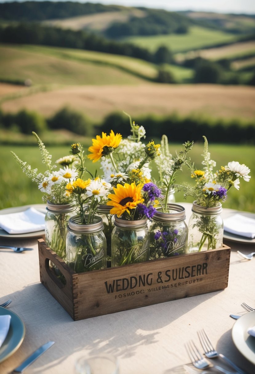 A rustic wedding table adorned with mason jar centerpieces filled with wildflowers, set against a backdrop of rolling countryside