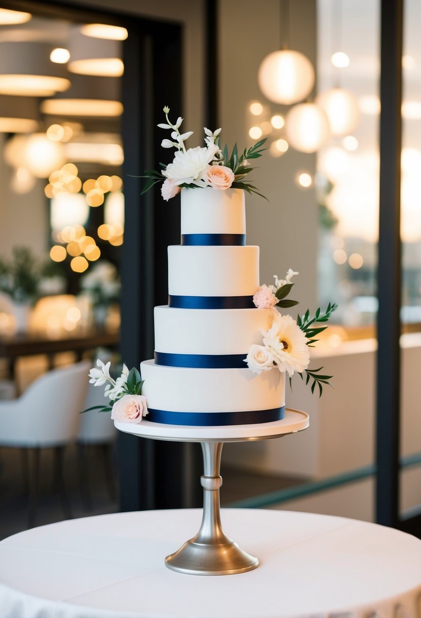 A sleek, modern flower installation stand holding a tiered wedding cake with chic and elegant floral accents