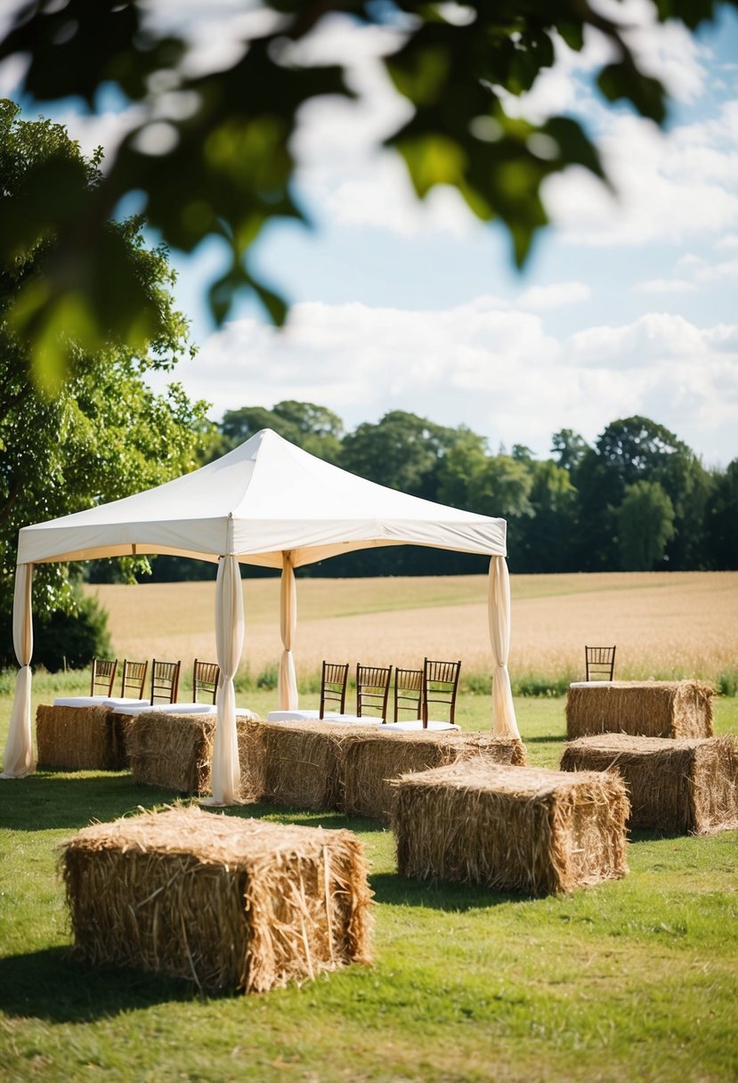 A rustic wedding scene with hay bale seating under a canopy in a countryside setting