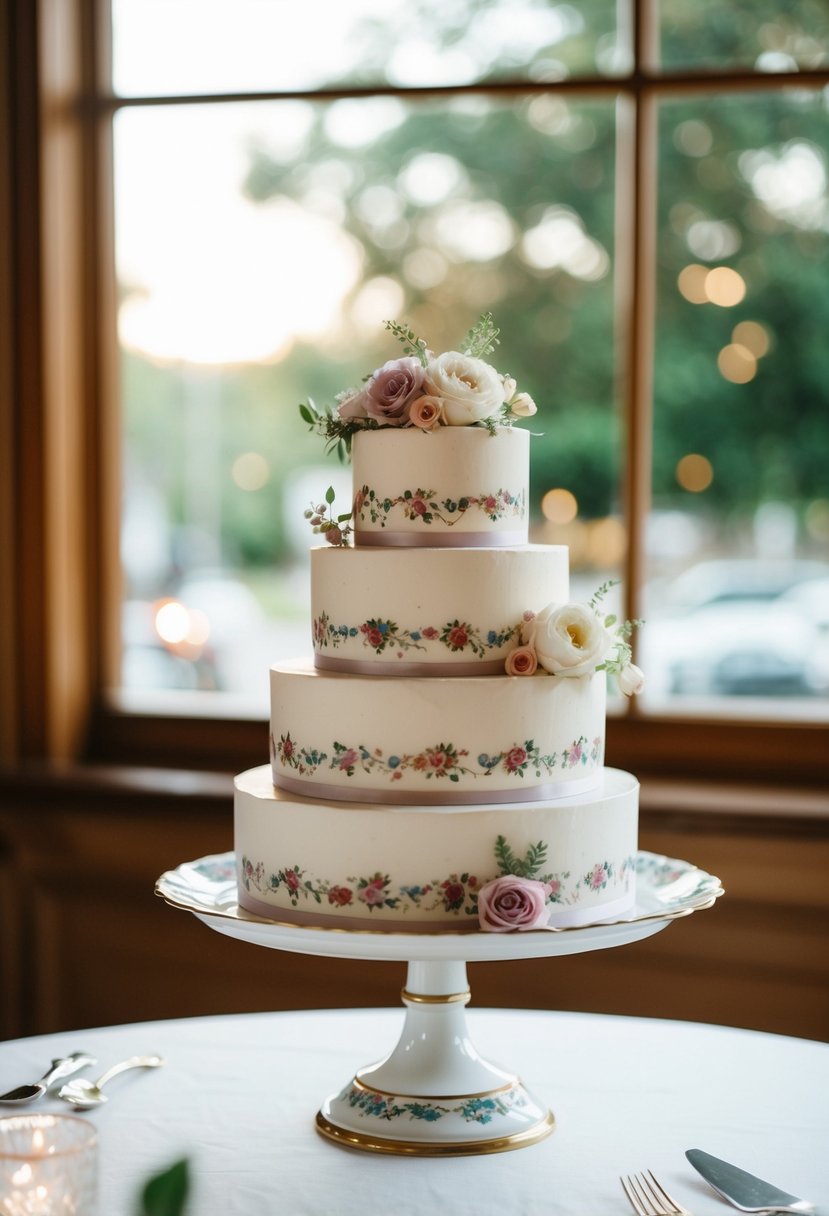 A vintage porcelain plate stand holding a tiered wedding cake with delicate floral details