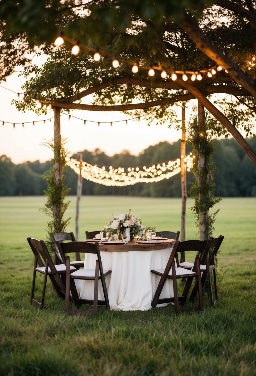 A rustic wedding canopy adorned with string lights in a country setting