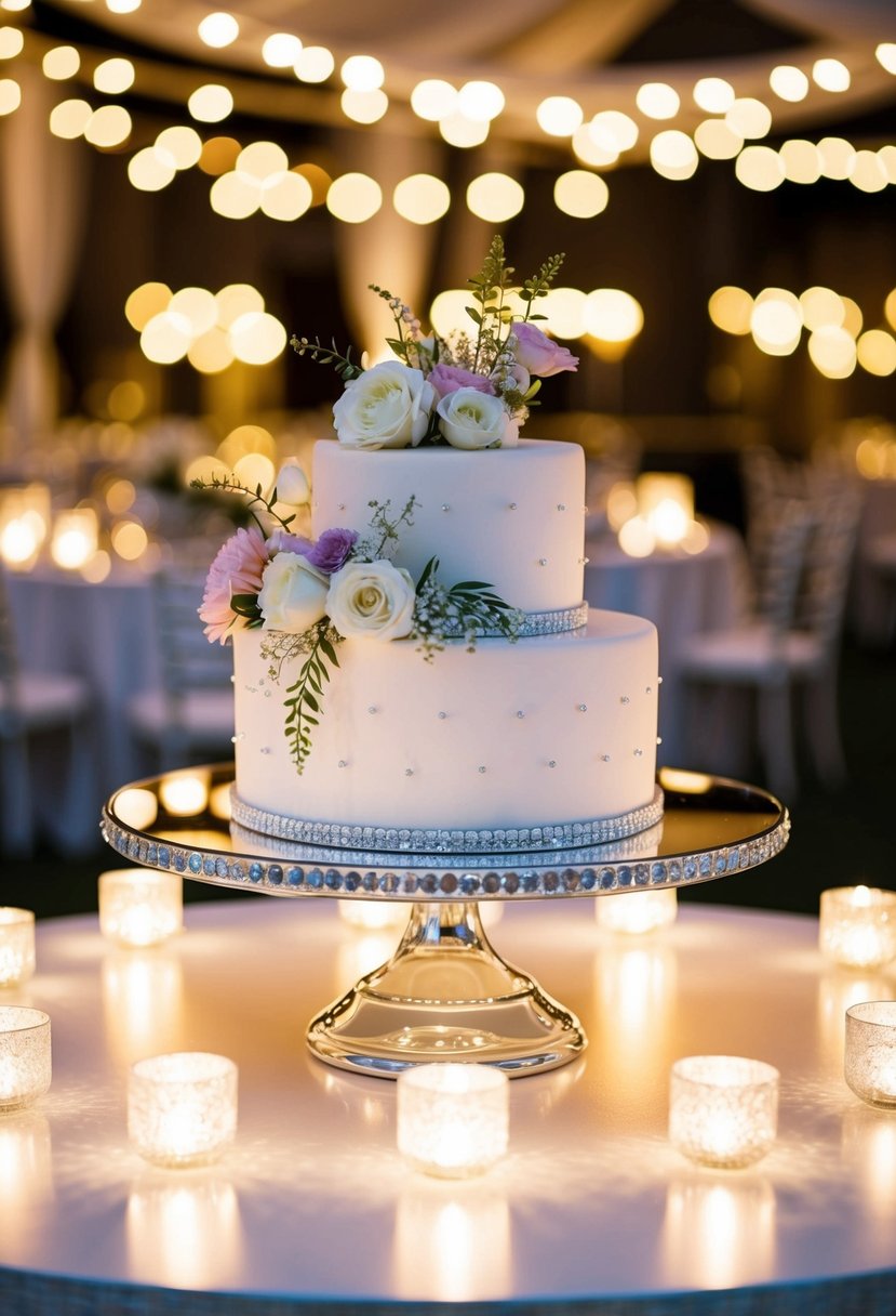 A sparkling mirror cake stand adorned with delicate flowers and surrounded by flickering tea lights