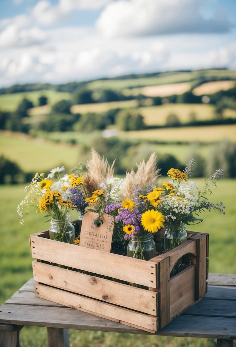 A wooden crate filled with wildflowers and rustic decor, set against a backdrop of rolling countryside and a charming wedding venue