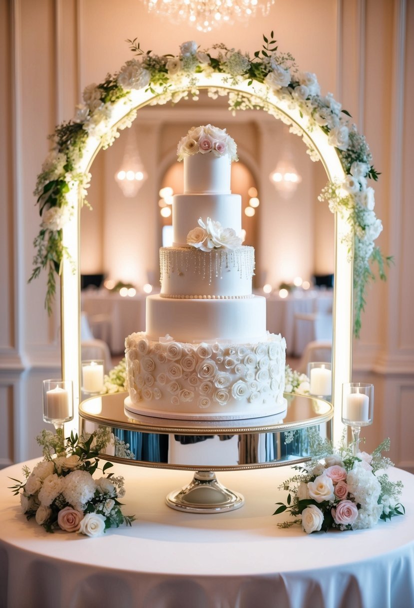 A luxurious mirror cake display adorned with elegant wedding cakes and surrounded by delicate floral arrangements