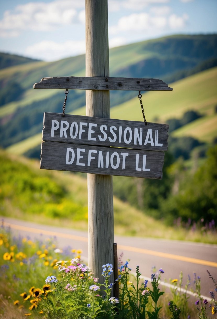 A weathered wooden sign hangs from a post, adorned with wildflowers and surrounded by rolling hills