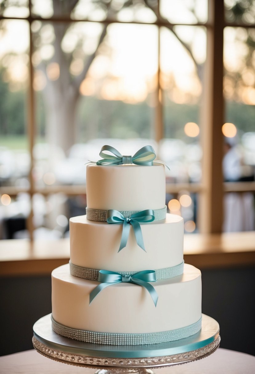 A three-tiered cake stand adorned with delicate bows and ribbons, showcasing a beautiful wedding cake