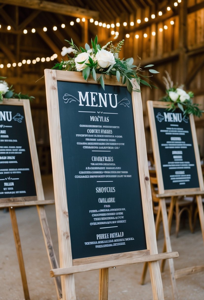 A rustic barn setting with chalkboard menus displayed on wooden easels for a country wedding