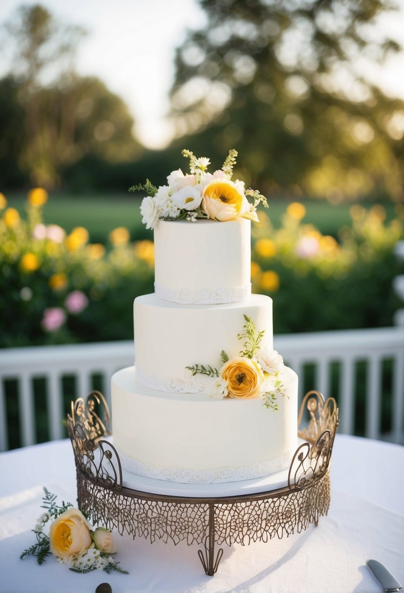 A vintage wire stand adorned with delicate lace and flowers, showcasing a tiered wedding cake