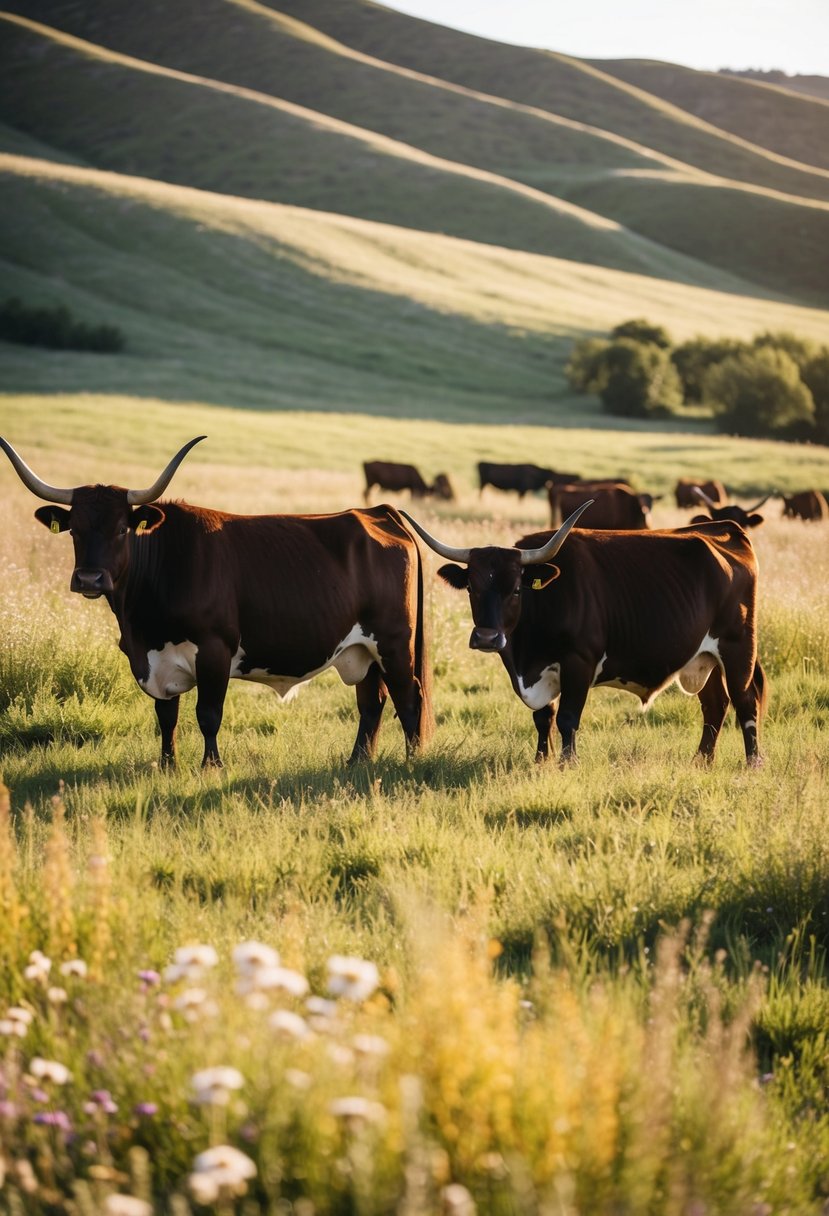 A rustic wedding scene with longhorn cattle grazing in a sunlit field, surrounded by rolling hills and wildflowers